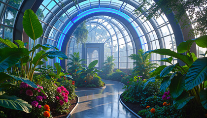 Futuristic greenhouse with exotic plants in soft morning sunlight, sustainable irrigation, dewy leaves, modern architecture, serene and fresh atmosphere