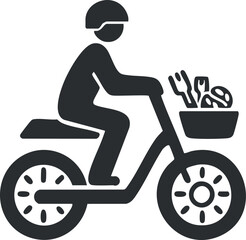 Black and white icon of a person wearing a helmet riding a bicycle with a basket carrying food items