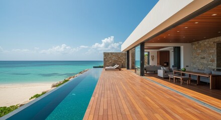 Beachfront Villa: Tranquil Luxury and Expansive Views - Luxury beachfront villa, infinity pool, sleek design, ocean views, tranquil escape. Symbolizing: serenity, opulence, escape