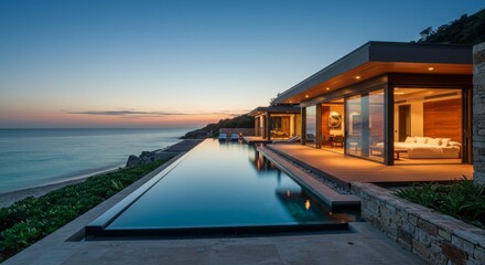 Beachfront Villa Tranquility: Sunset Elegance - Luxurious beachfront villa, infinity pool, sleek architecture, sunset views, tranquil escape. Symbolizing serenity, luxury, modern design