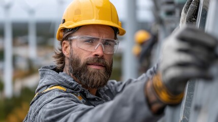 skilled technician in a hard hat and safety glasses is actively conducting maintenance on a wind turbine. industrial environment features other workers and wind turbines in the background
