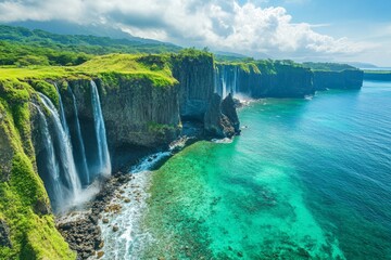 Beautiful waterfall cascading over rocks surrounded by lush greenery on azores island
