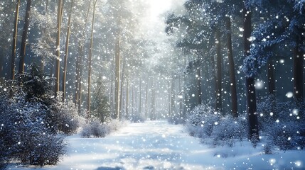 Snow-dusted forest path in winter sunlight.