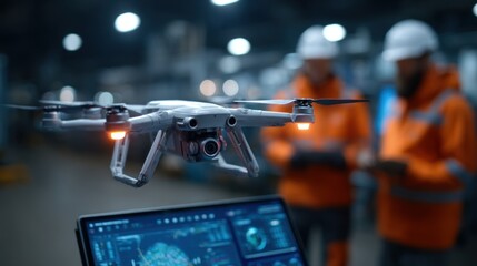 drone hovers above as two workers in orange safety jackets and helmets examine data on a laptop inside a warehouse during evening hours. atmosphere is focused and technical