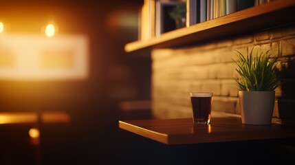 A small wooden table holds a drink, surrounded by a neatly organized shelf of plants and books. Warm lighting creates an inviting and tranquil atmosphere