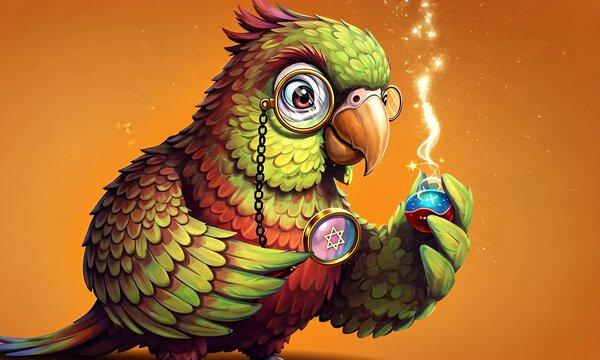 Cartoon bird with a monocle holds a potion
