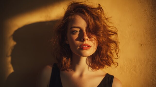 Young Woman Standing Outdoors in Golden Sunlight with Soft Wind and Dynamic Hair Movement
