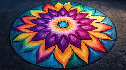 Colorful, symmetrical mandala design painted on a pavement.