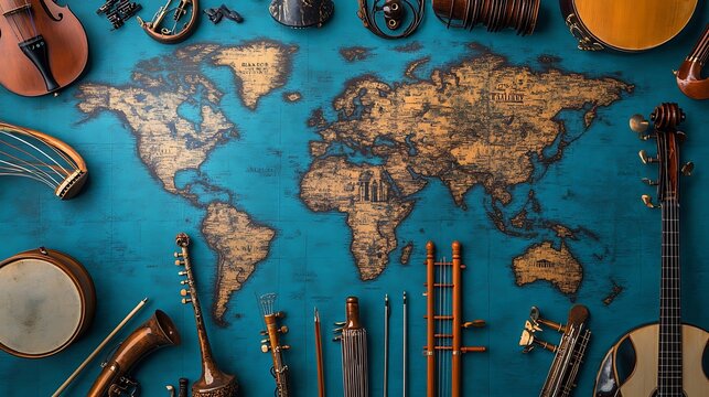 World map surrounded by diverse musical instruments.