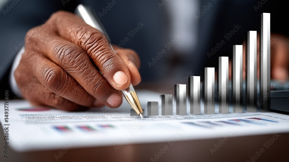 Aufkleber businessman examines growth data and trends on a report while utilizing a pen to make notes. this fo