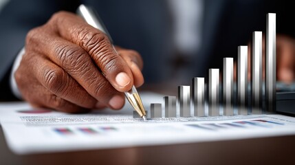 businessman examines growth data and trends on a report while utilizing a pen to make notes. This focused activity takes place in a modern office filled with tools for analysis