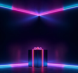 abstract background with neon led pink & blue lights glowing in grunge dark interior with shiny pink ribbon on gift box; copy space 