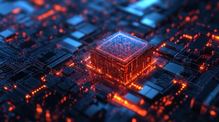 Fototapeta premium Intricate digital circuit board with glowing central cube.