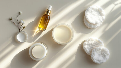 Fototapeta premium Elegant skincare products arranged with natural elements in a soft, sunlit setting