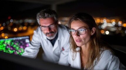 Two researchers in lab coats focus intently on computer monitors displaying complex data. environment is a modern laboratory at night, illuminated by city lights outside