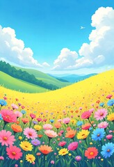 Fototapeta premium Colorful wildflower meadow in lush green valley under blue sky with puffy clouds. Nature landscape background.