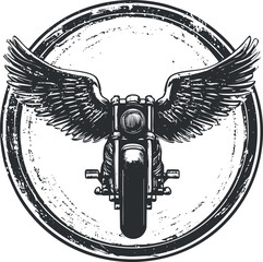 Vintage style black and white illustration of a motorcycle with wings inside a grunge circle symbolizing freedom and speed