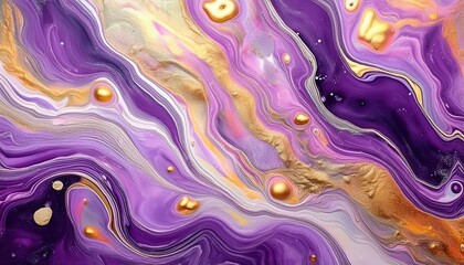 fluid abstract painting with vibrant violet, gold, and peach marble swirls ideal for web design, print, branding, or luxury packaging background