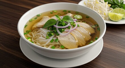 Delicious Chicken Noodle Soup - A steaming bowl of chicken noodle soup, garnished with fresh herbs and sliced onions. Perfect for a comforting meal