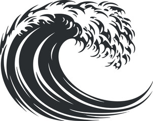 Obraz premium Black and white stylized illustration of a powerful ocean wave curling and splashing