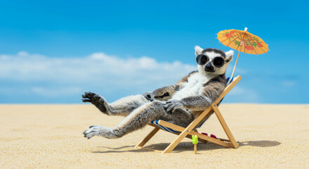 Obraz premium Lemur relaxing on a beach chair under a colorful umbrella, wearing sunglasses, enjoying a sunny day on the sandy beach, embodying a carefree summer vibe and leisure lifestyle 