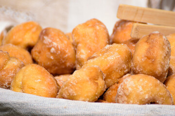 traditional Galician dessert sweets called melindres at a food stand at a traditional ethnographic festival. Galicia, Spain