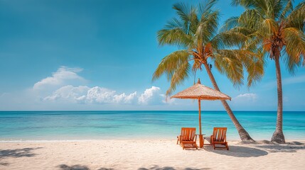 Obraz premium Beach vacation background with palm trees umbrella and chairs Tropical coast scene for relaxing summer travel
