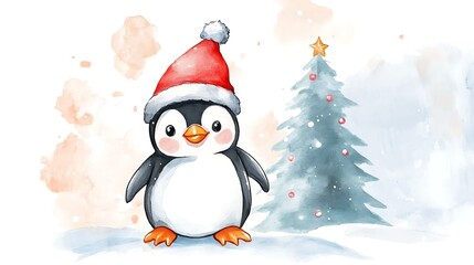 Cute penguin in Santa hat by Christmas tree