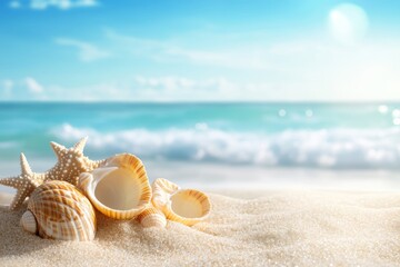 Various seashells scattered on sandy beach with gentle waves in the background