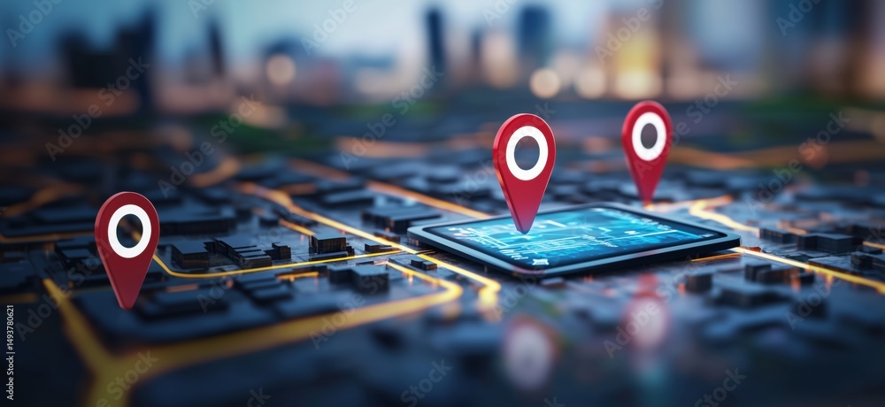 Poster digital map with location pins on smartphone displaying urban landscape and city grid