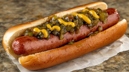 Delicious Hot Dog with Mustard and Relish on a Fresh Bun