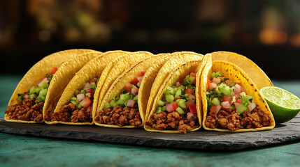 Delicious Tacos with Ground Meat and Fresh Vegetables on a Slate Plate
