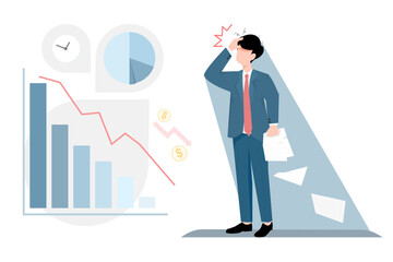 Young businessman in blue suit in a state of anxiety. The documents in his hand fell out.Graph showing economic downturn. Flat illustration.
