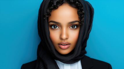 Elegant Portrait of a Young Woman in a Black Hijab Against a Vibrant Blue Background