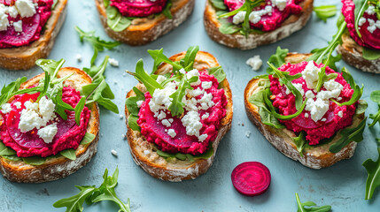 Delicious Beetroot and Feta Toasts with Fresh Arugula for a Healthy Snack