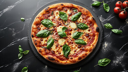 Delicious Margherita Pizza with Fresh Basil on a Black Marble Surface