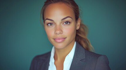 Professional Portrait of a Confident Businesswoman in a Suit with a Soft Background