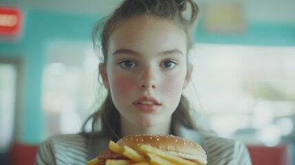 Young Girl Enjoying a Delicious Burger and Fries in a Retro Diner Setting