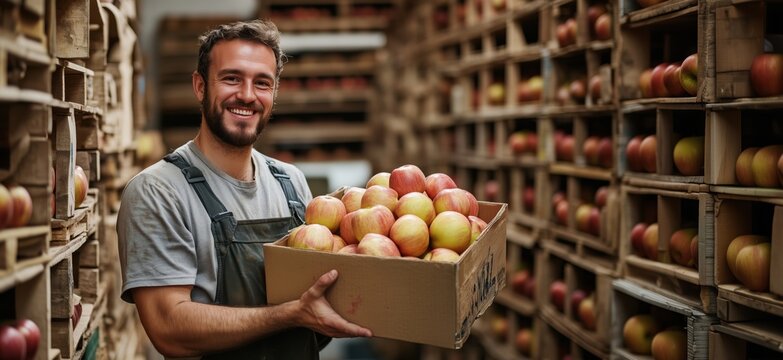 Smiling man holding box of fresh apples in fruit storage facility