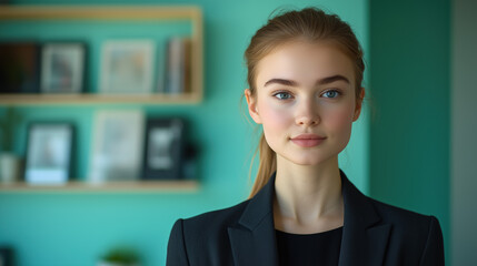 Confident Young Businesswoman in Professional Attire Against a Modern Background