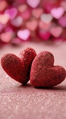 Obraz premium Decorative Glitter Hearts Arranged on a Soft Surface for a Festive Celebration or Romantic Occasion