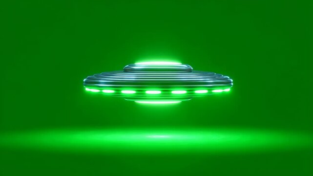 Metallic UFO with Green Lights Hovering Above a Smooth Surface Creating a Sci-Fi Ambiance