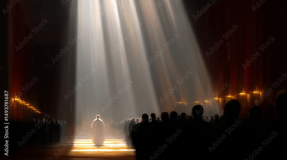 Poster a solitary figure stands in a dimly lit space. rays of light illuminate the scene, creating a dramat