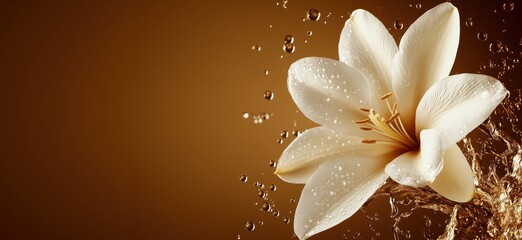 Elegant white lily flower with water droplets against a warm brown background