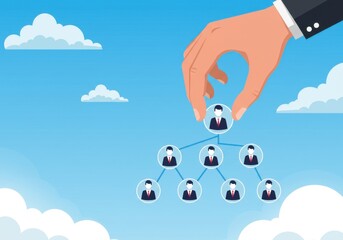Hand placing a person avatar on a hierarchical organizational chart against a blue sky with clouds