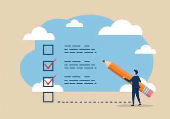 Man holding a large pencil next to a checklist with tick marks on a cloudy background