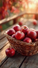 Freshly Harvested Red Apples in a Woven Basket on a Rustic Wooden Table in a Sunlit Orchard