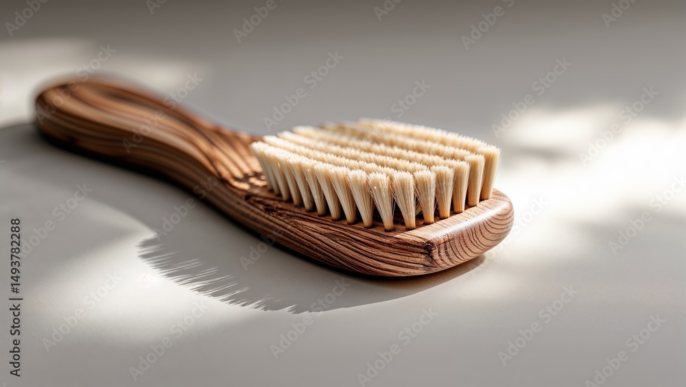 Poster natural wooden brush resting on a light surface with soft shadows creating a serene atmosphere