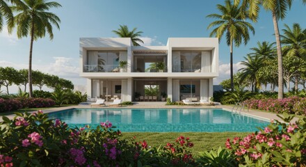 Fototapeta premium Luxurious Beachfront Villa - Modern two-story villa with private pool, located on a tropical beach. Perfect for a relaxing getaway