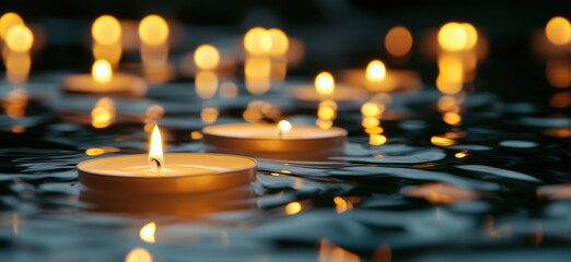 Floating candles illuminating tranquil water surface at night